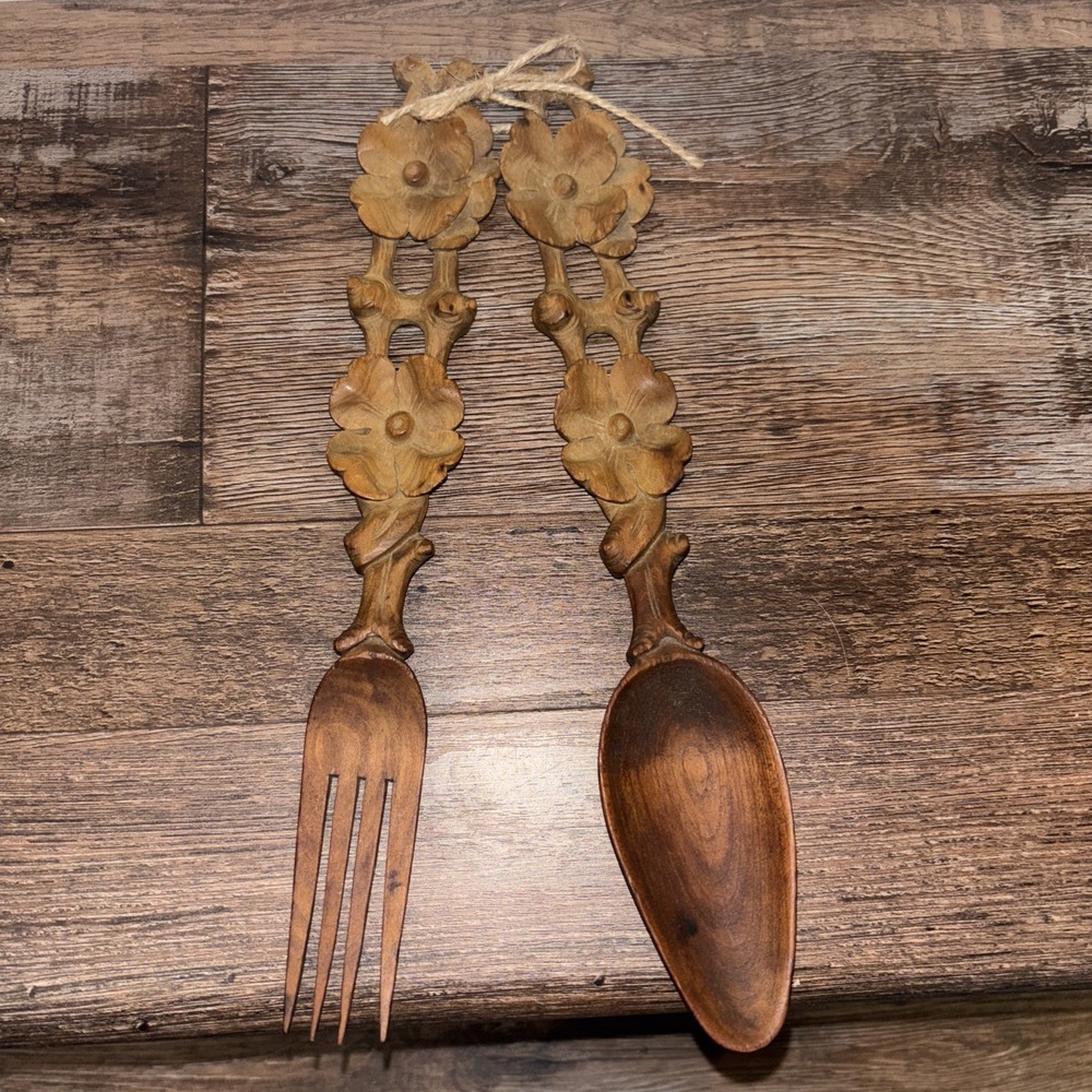 Vintage Hand Carved Tiki Wood Large Spoon And Fork